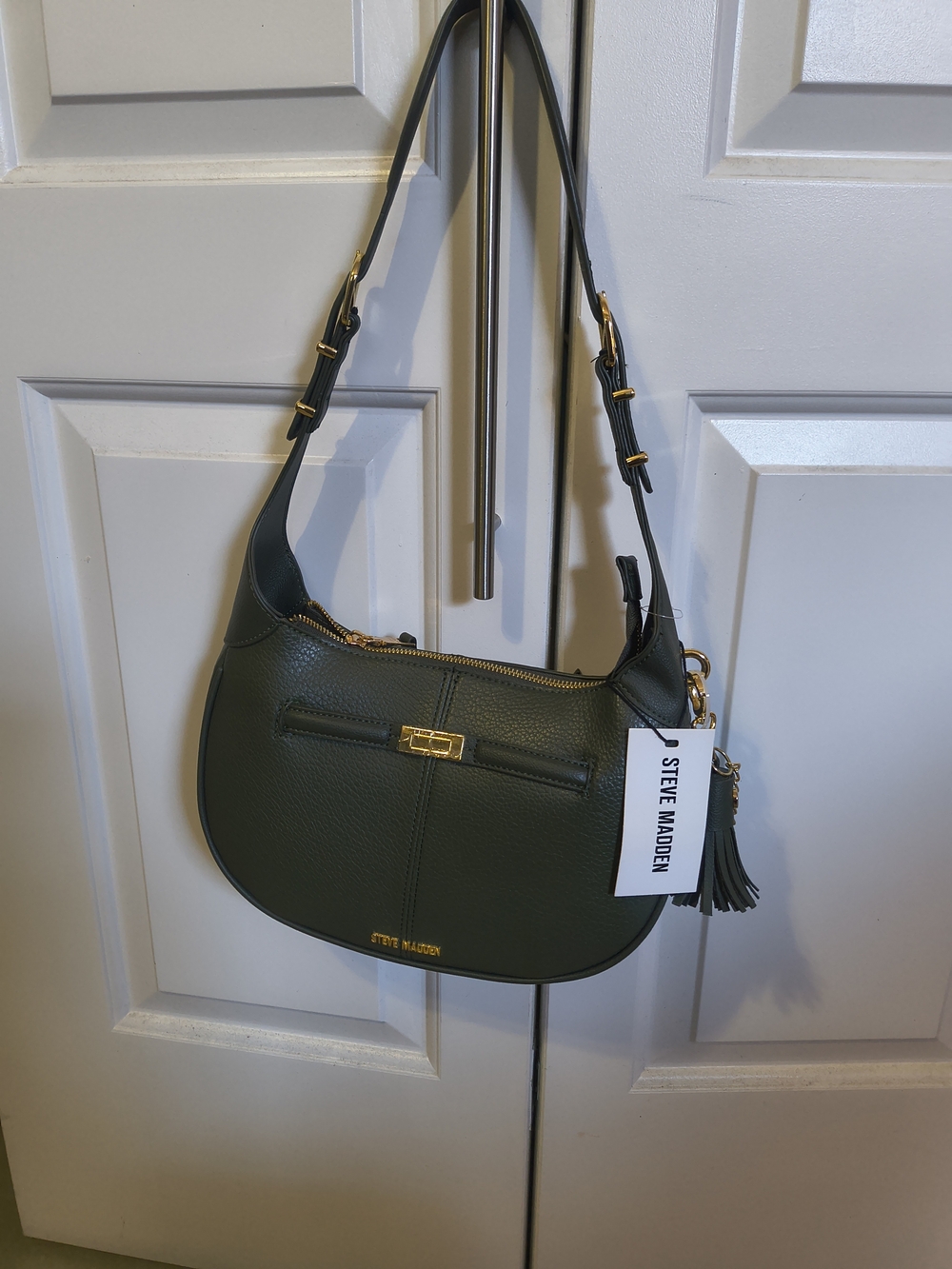 Steve Madden Olive Green Pebbled Leather Shoulder Bag with Tassel